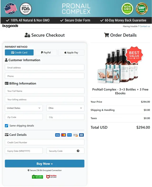 ProNail Complex secure checkout page preview
